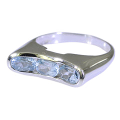 Eleanor sterling silver band with three oval aquamarine stones blue trilogy gemstone ring in bezel setting