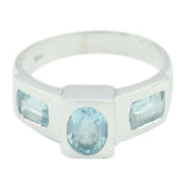 Ellie silver ring with oval center aquamarine and two side baguette stones blue trilogy ring for women