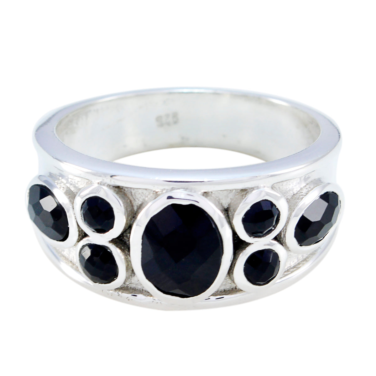 Isla silver ring with multiple black gemstones featuring a boho black gemstone ring design