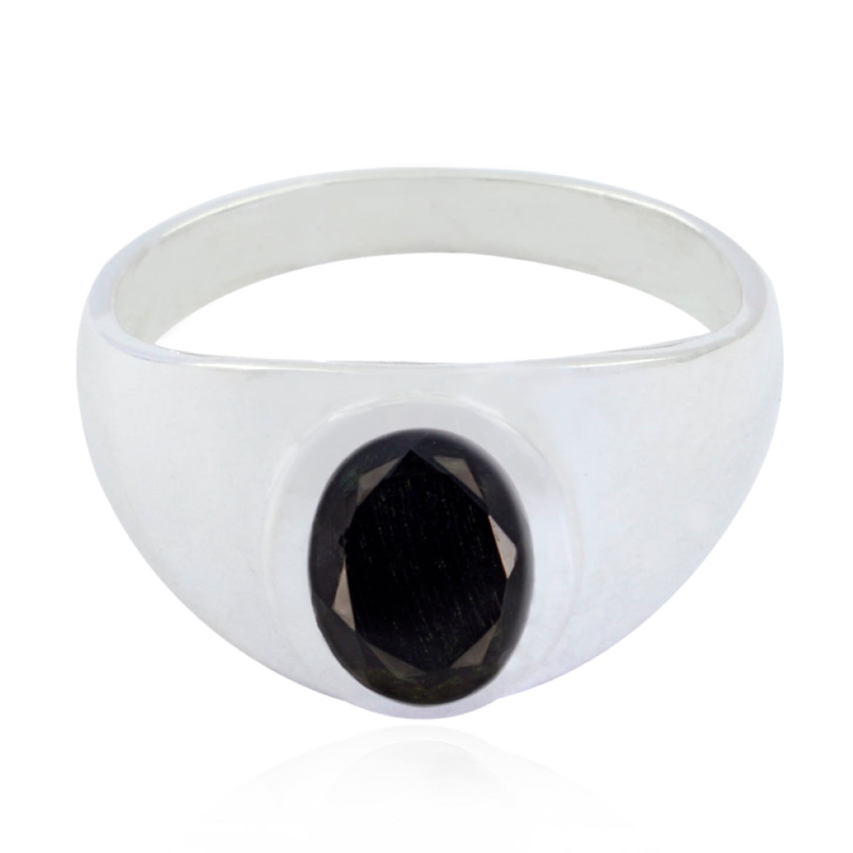 Camila boho black solitaire ring with a polished silver band and oval black stone centerpiece