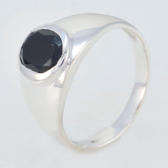 Camila boho black solitaire ring with a polished silver band and faceted black stone centerpiece