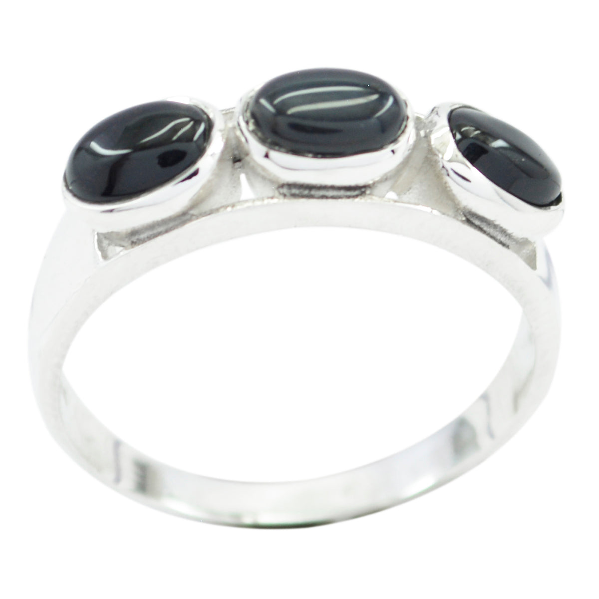 Lea boho black trilogy ring with three oval black stones set in silver band