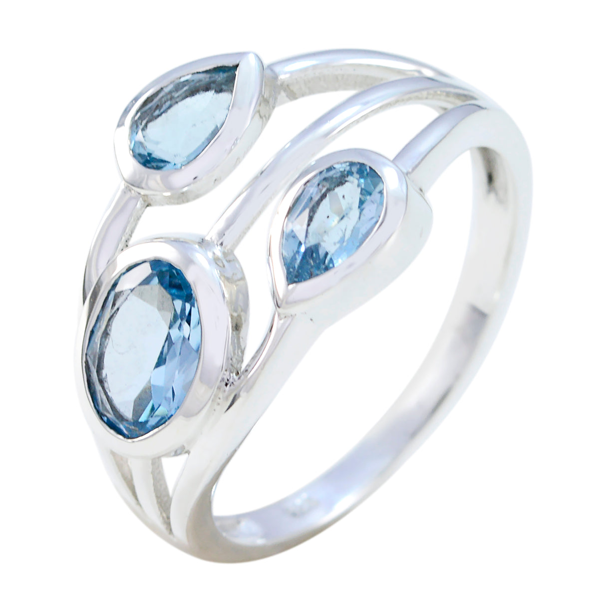 Katharina boho blue gemstone ring with three pear-shaped blue stones set in silver band