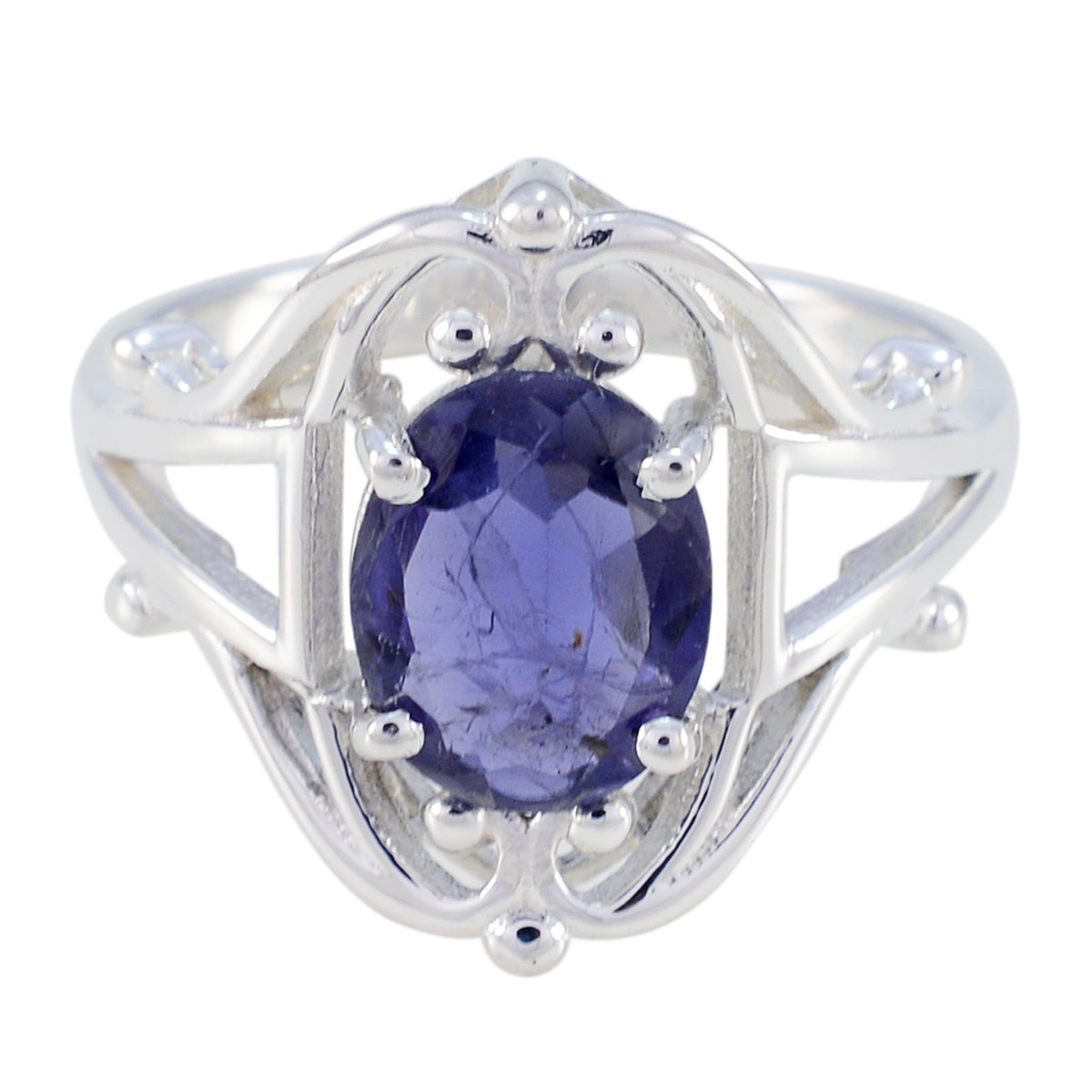 Mathilde Boho Blue Solitaire Ring with Silver Detailing Iolite Blue