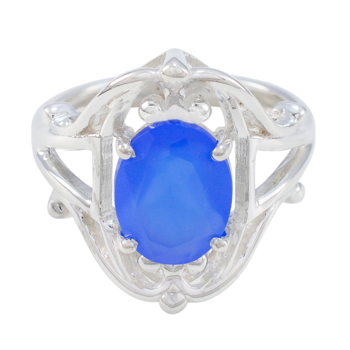 Priya Boho Blue Solitaire Ring with Silver Detailing Blue Chalcedony Blue
