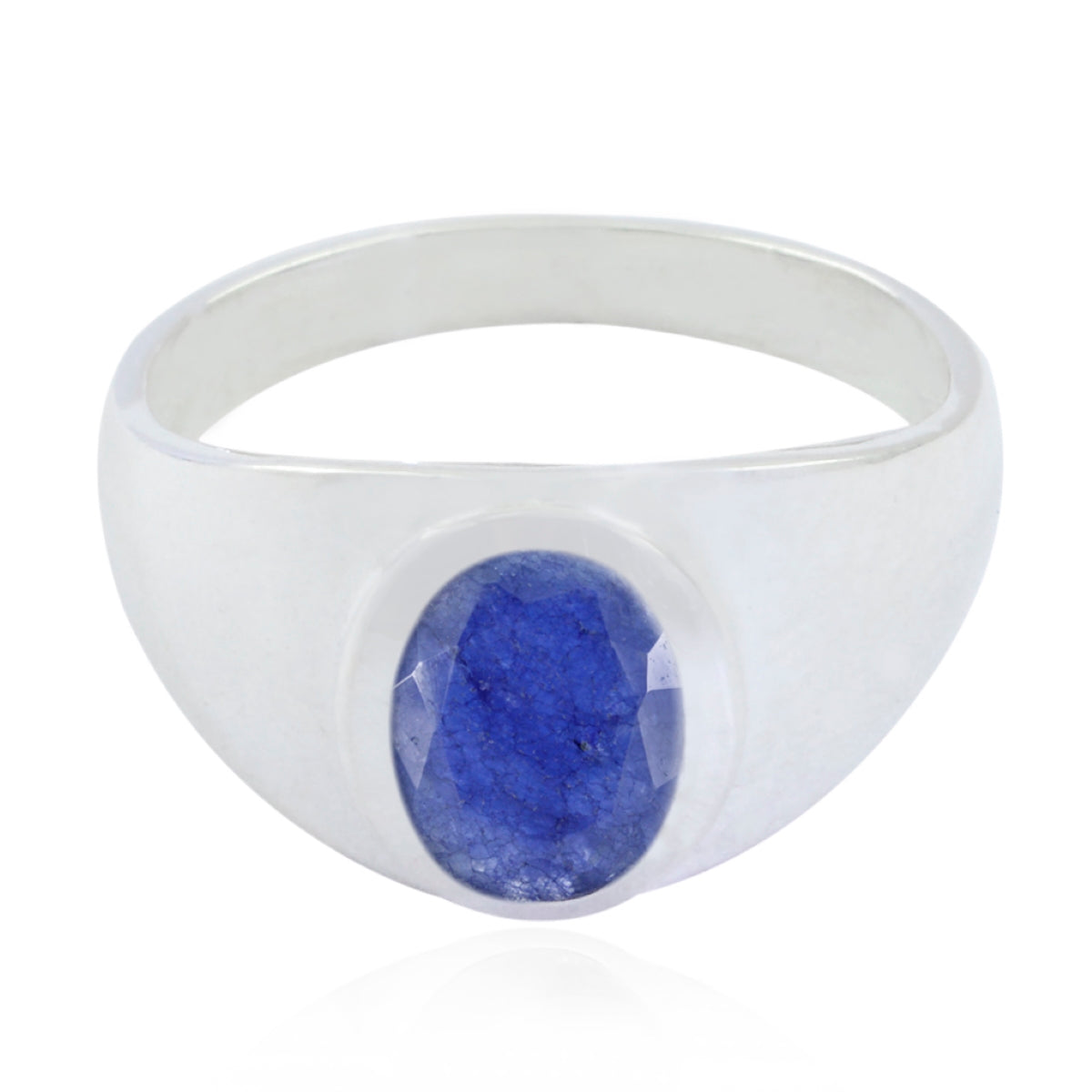 Autumn boho blue solitaire ring with a polished silver band and oval blue gemstone centerpiece