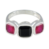Micaela boho gemstone trilogy ring with square black center stone and two pink side stones in silver band