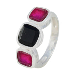 Micaela boho gemstone trilogy ring featuring two pink and one black square gemstones in silver setting