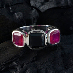 Micaela boho gemstone trilogy ring with black center stone and two pink side stones in silver setting