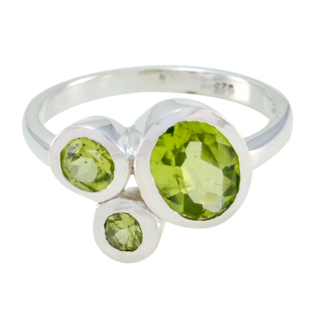 Victoria boho green gemstone ring with three round green stones set in silver band