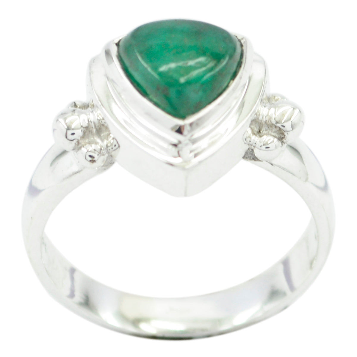 Saanvi boho green solitaire ring with a teardrop green stone set in silver band