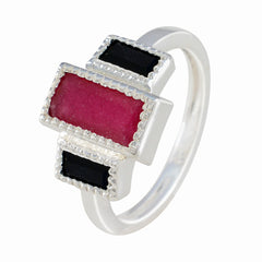 Ella boho multicolor gemstone ring silver band with rectangular pink center stone and two black accent stones