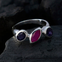 Leah boho multicolor gemstone ring with purple and red stones set in silver band