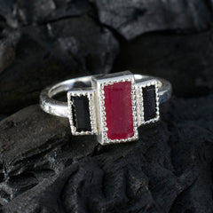 Ella boho multicolor gemstone ring sterling silver with central rectangular red stone and black side stones