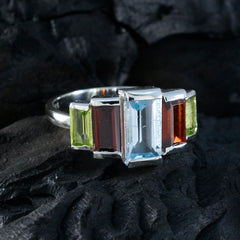 Camila boho multicolor gemstone ring with rectangular stones in green, red, and blue set in silver