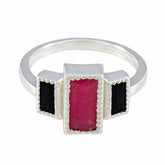 Ella boho multicolor gemstone ring with rectangular pink center stone and two black baguette side stones in silver setting