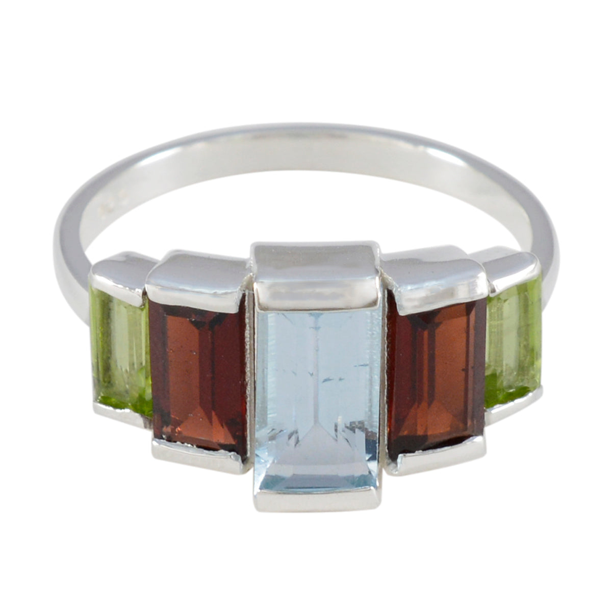Camila boho multicolor gemstone ring with green, red, and light blue rectangular stones set in silver band