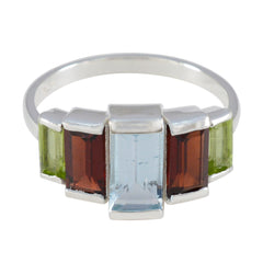 Camila boho multicolor gemstone ring with green, red, and light blue rectangular stones set in silver band