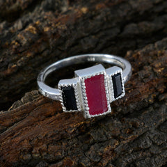 Ella silver ring with rectangular pink center stone and two black side stones boho multicolor gemstone ring
