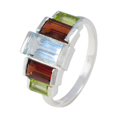 Camila boho multicolor gemstone ring with green, blue, and red rectangular gemstones in silver setting