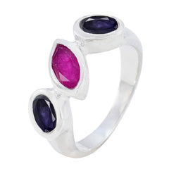 Leah boho multicolor gemstone ring with purple and pink stones set in silver band