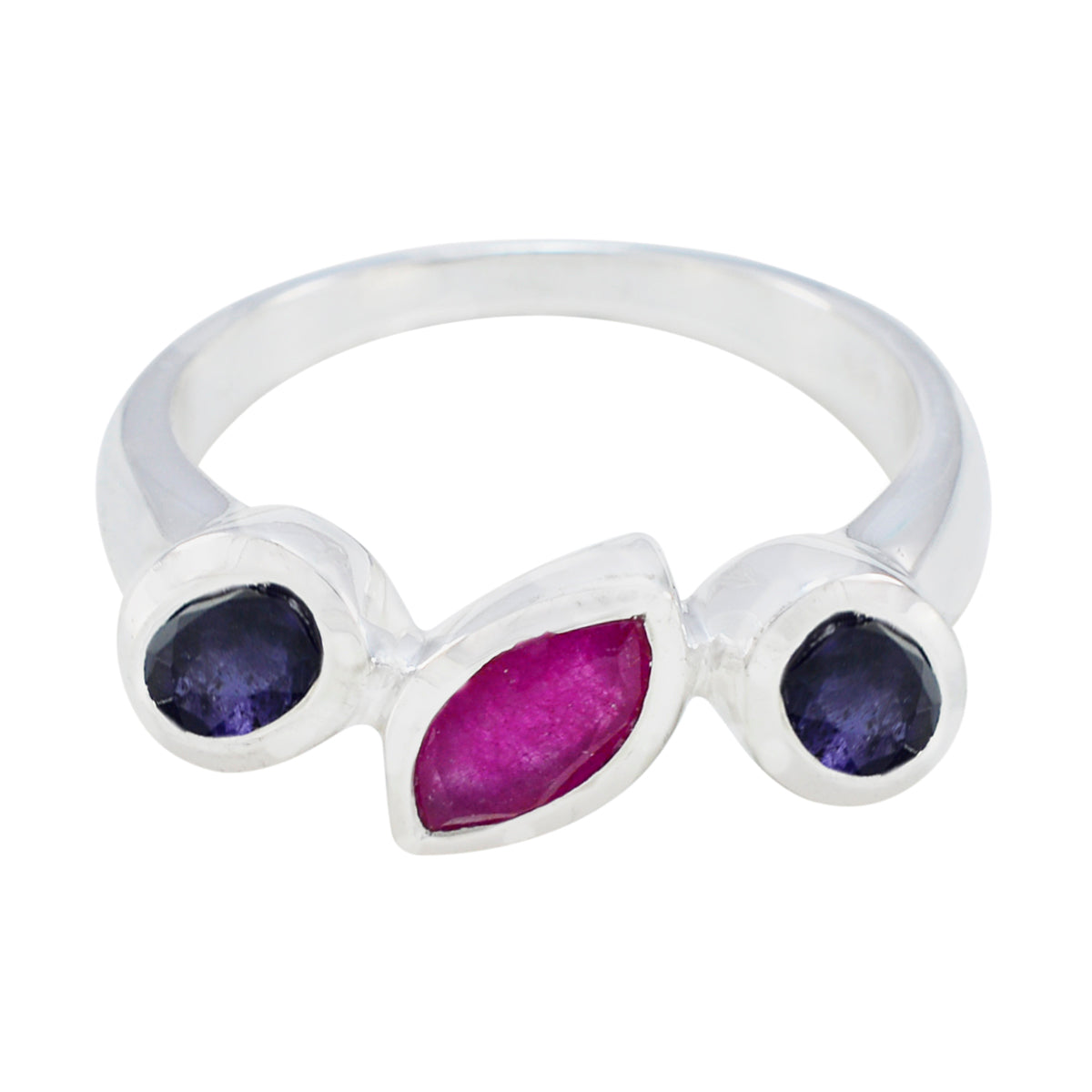 Leah boho multicolor gemstone ring with purple and pink stones in silver band