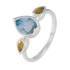 Katharina sterling silver ring with pear blue center stone and two yellow pear side stones boho multicolor trilogy ring