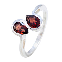 Hina boho red gemstone ring with two pear-shaped red stones set in silver band