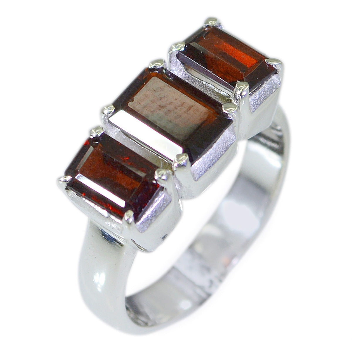 Hye-jin boho red gemstone ring with three rectangular red stones set in silver band