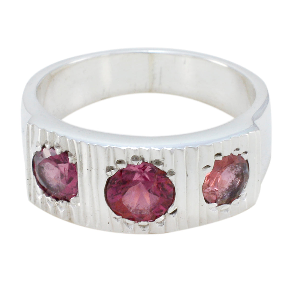 Siti boho red trilogy ring with three red gemstones set in a textured silver band