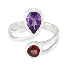 Dayana boho toi et moi ring with purple teardrop and red round gemstones in silver band