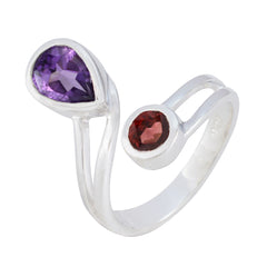 Dayana silver ring featuring one purple and one red gemstone boho toi et moi ring