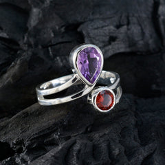 Dayana boho toi et moi ring with purple teardrop and red round gemstones set in silver band