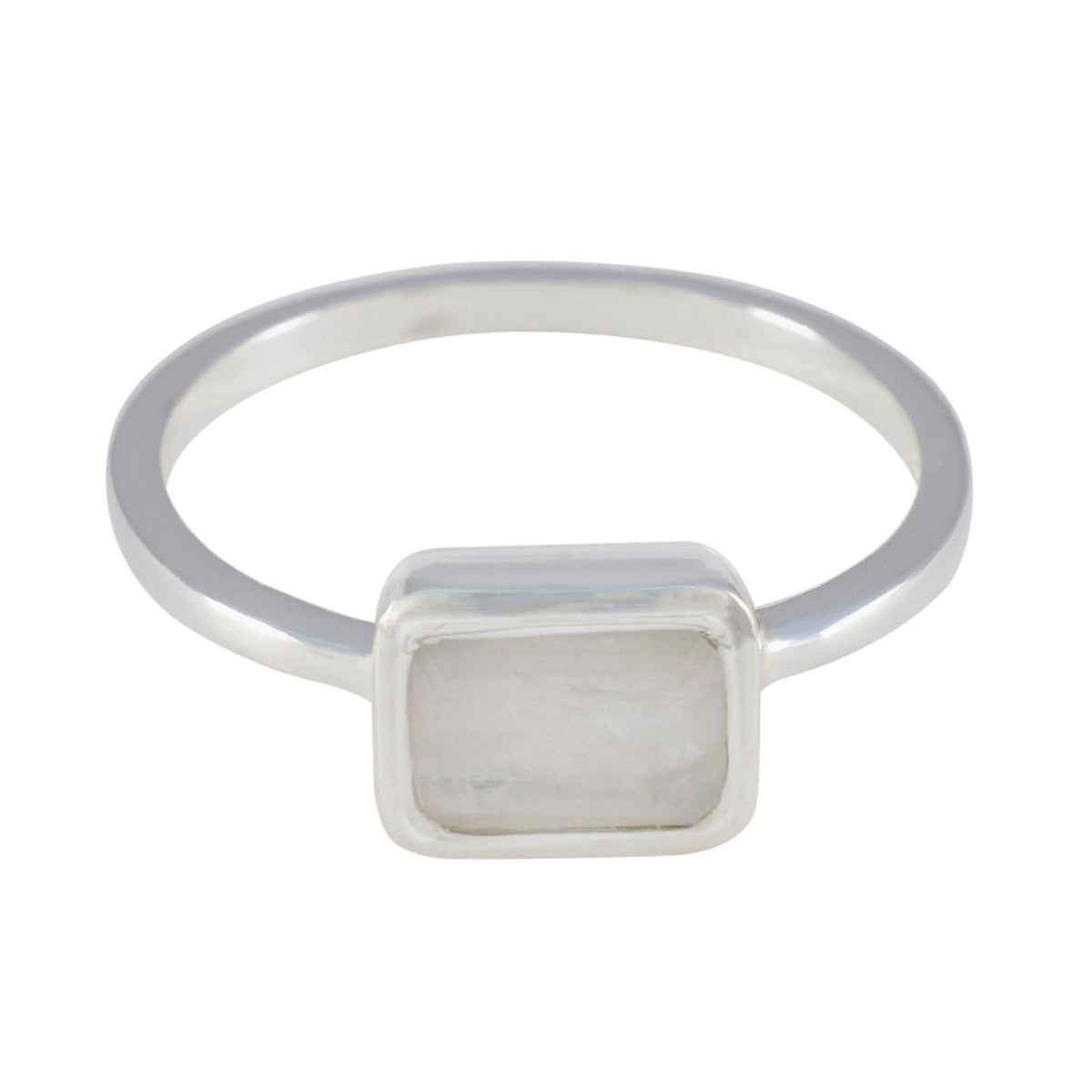 Natalie Boho White Solitaire Ring with Rectangular Stone Rainbow Moonstone White