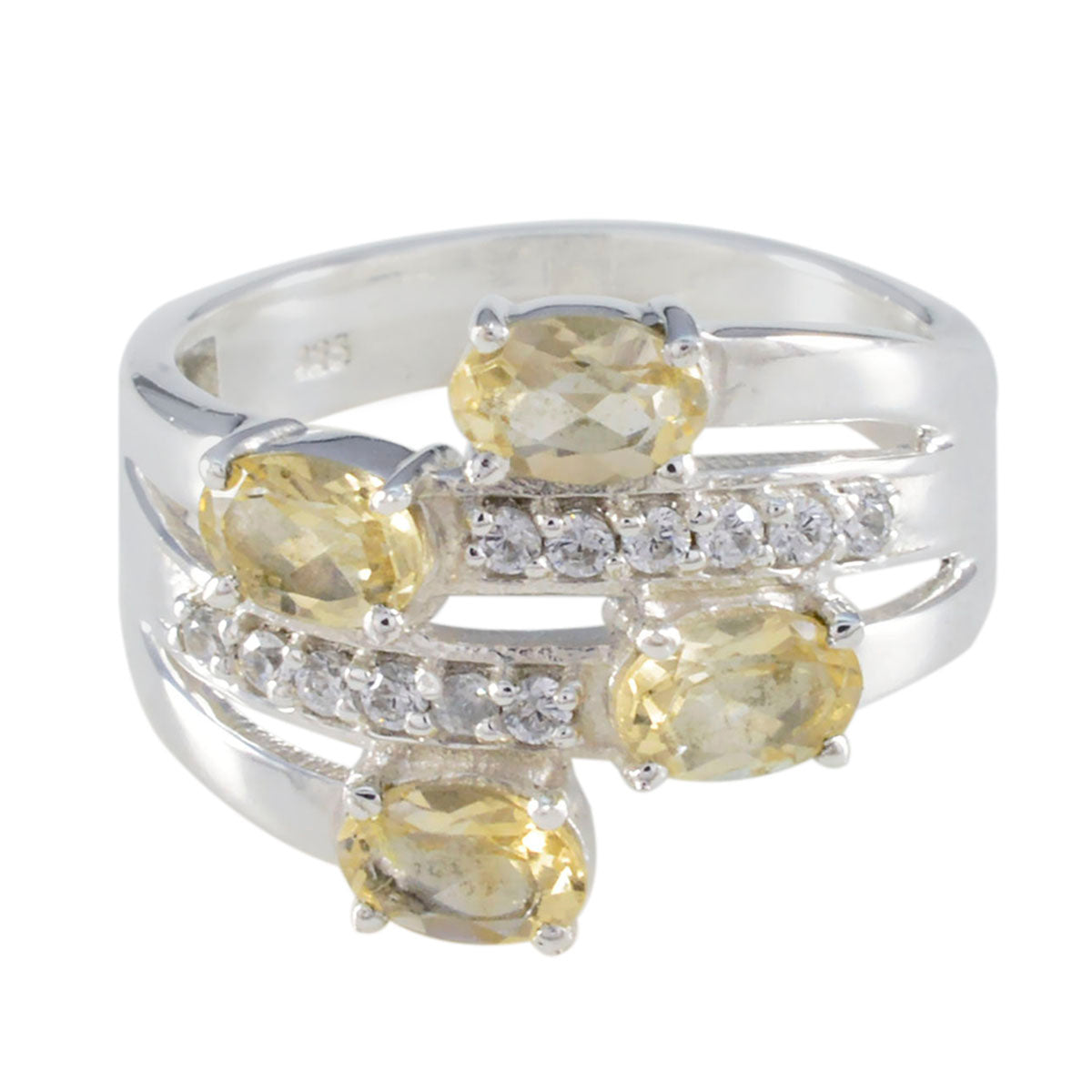 Yasmine boho yellow gemstone ring with four oval yellow stones and multiple small clear crystals