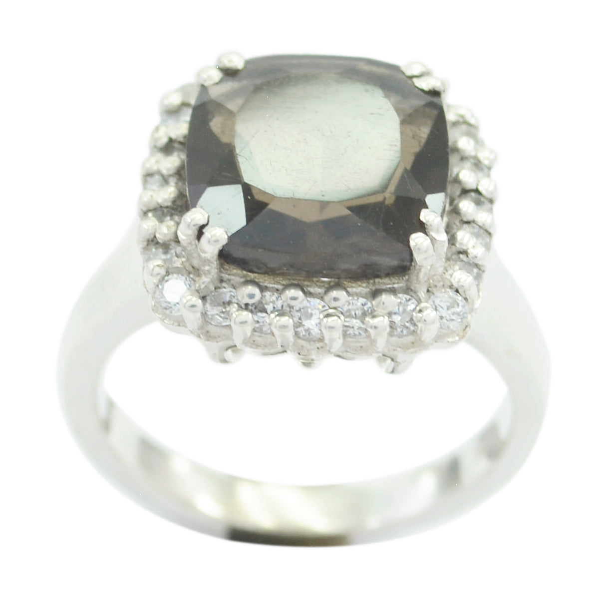 Anna brown gemstone halo ring with cushion-cut center stone and surrounding clear stones