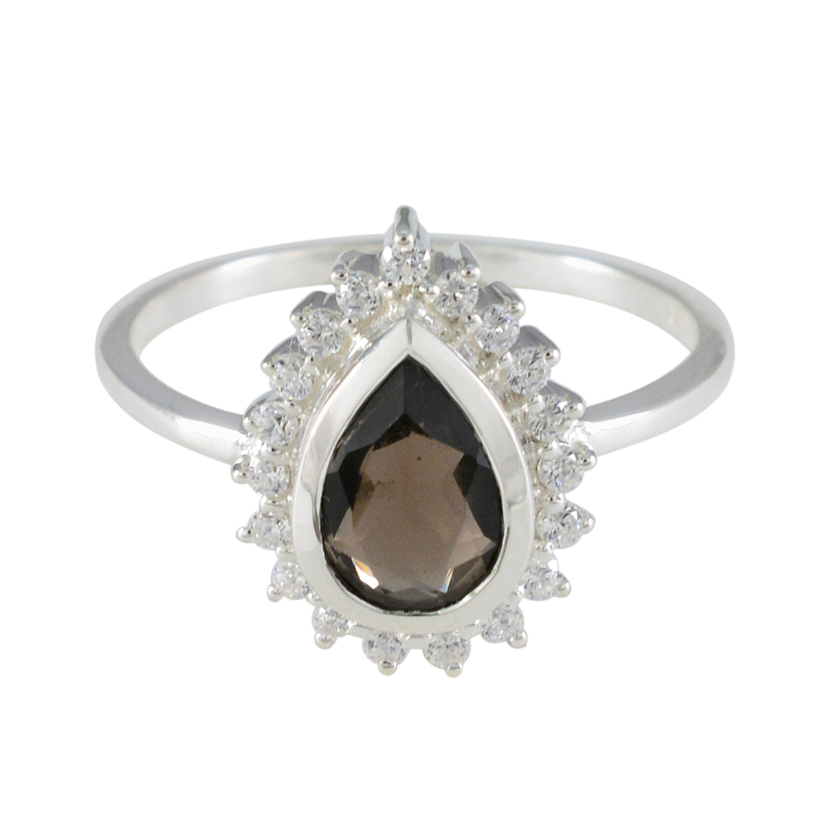 Wen Brown Gemstone Halo Ring with Pear Cut Stone Smoky Quartz Brown