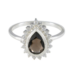 Wen Brown Gemstone Halo Ring with Pear Cut Stone Smoky Quartz Brown