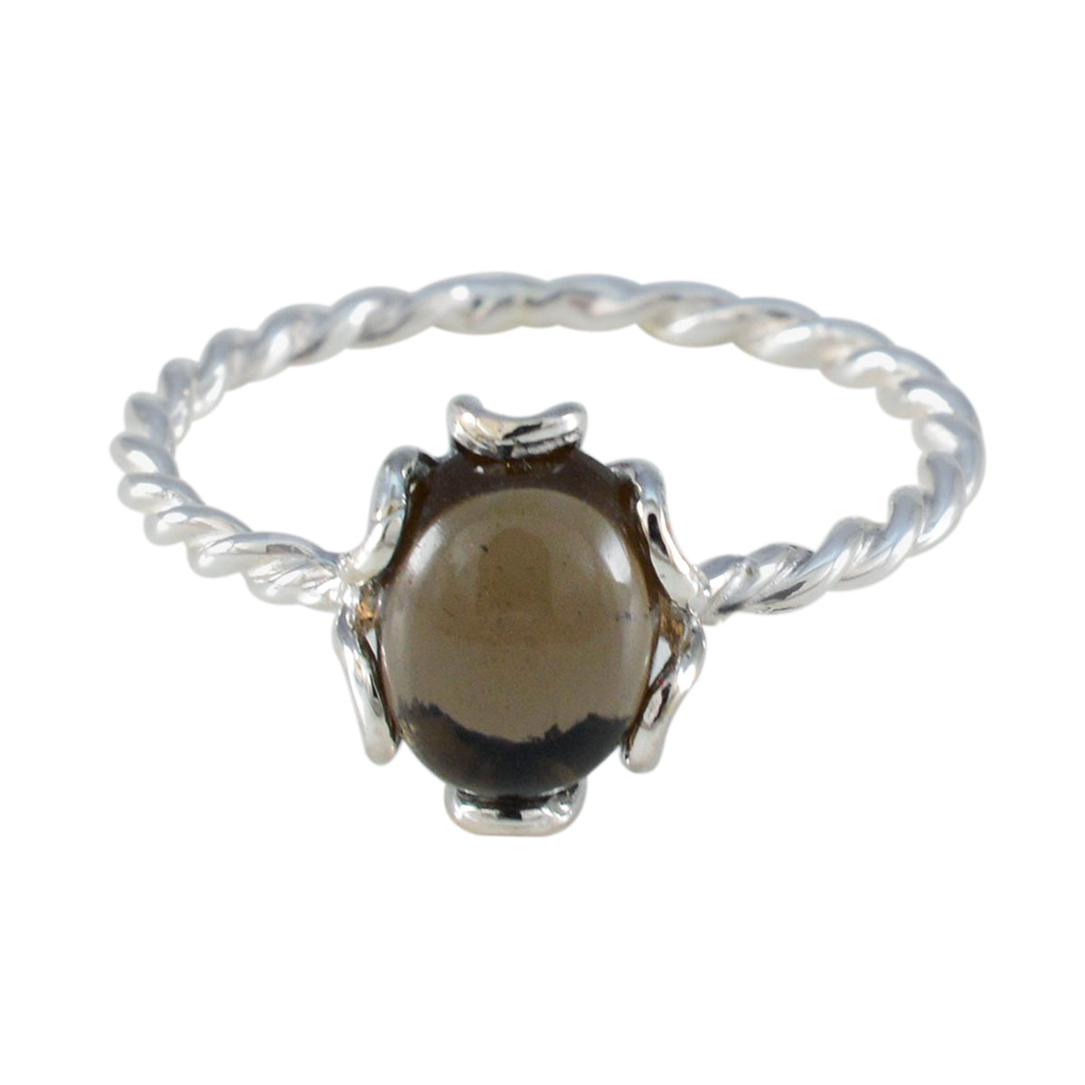 Liyana silver twisted band ring featuring a brown solitaire gemstone ring with smooth oval stone