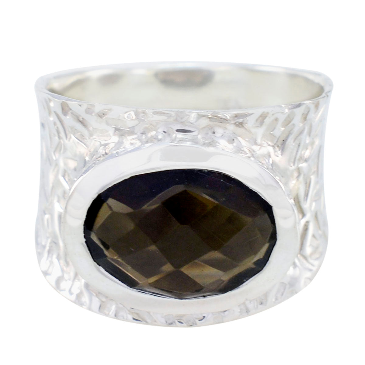 Priya Brown Solitaire Ring India with Textured Silver Band Smoky Quartz Brown