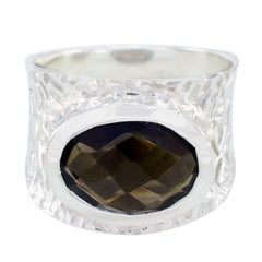 Priya Brown Solitaire Ring India with Textured Silver Band Smoky Quartz Brown