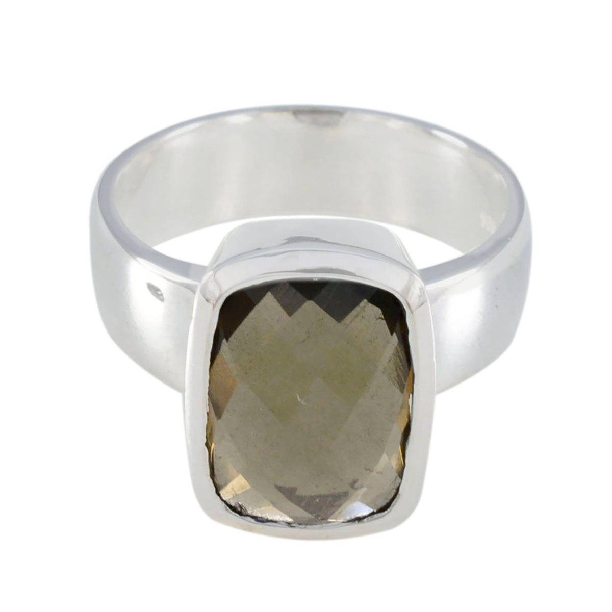 Lily brown solitaire ring with silver bezel setting and cushion faceted smoky brown stone