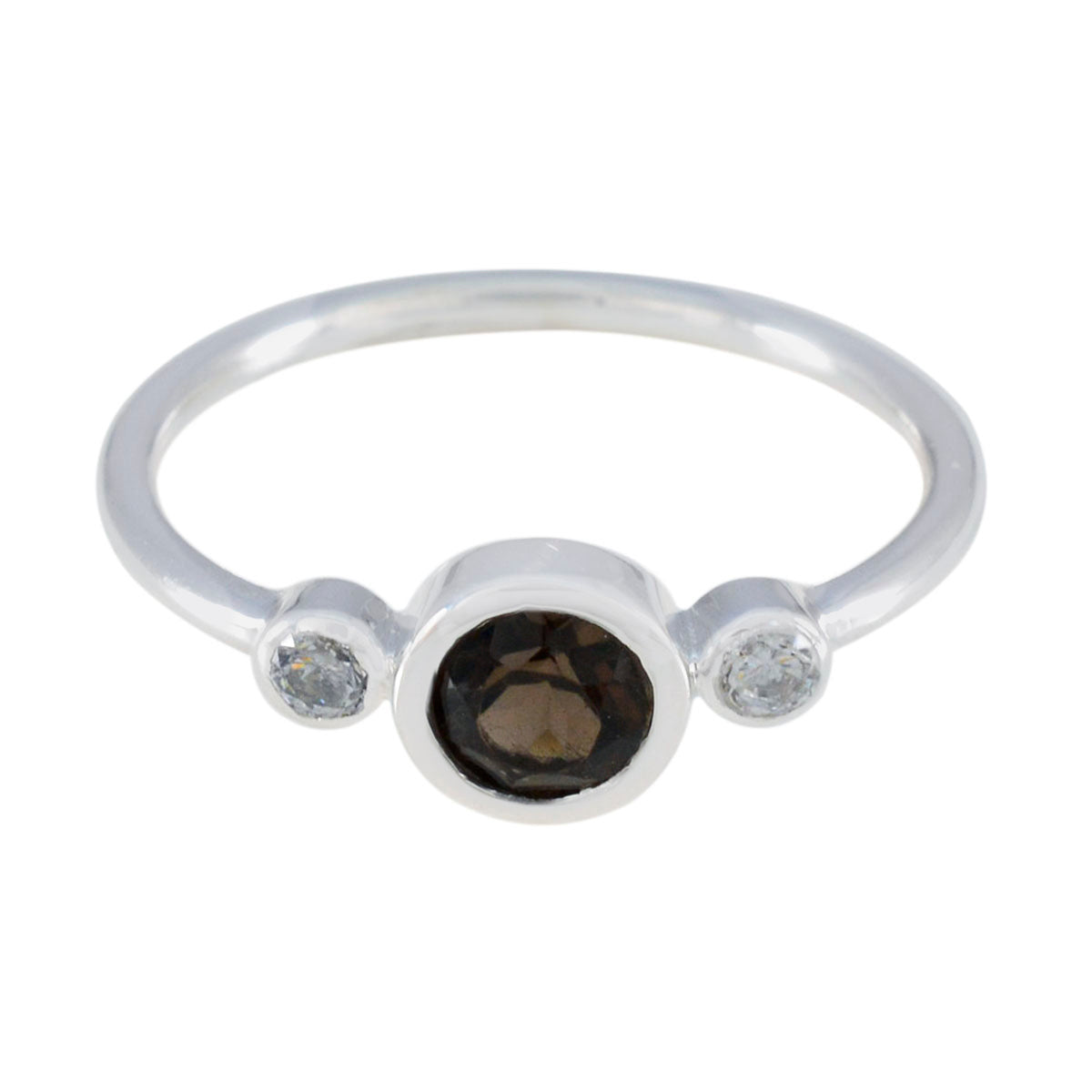 Wen brown trilogy gemstone ring with a central brown gemstone flanked by two clear stones on a silver band