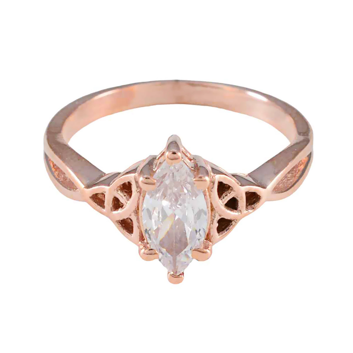 Claire Claddagh solitaire ring with marquise clear stone and rose gold Celtic design band