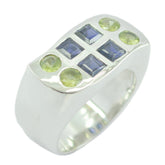 Sarah colorful statement ring silver wide band with four square blue stones and four round green peridot accents