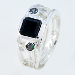 Luisa sterling silver contemporary black gemstone ring with square black center and iridescent accents