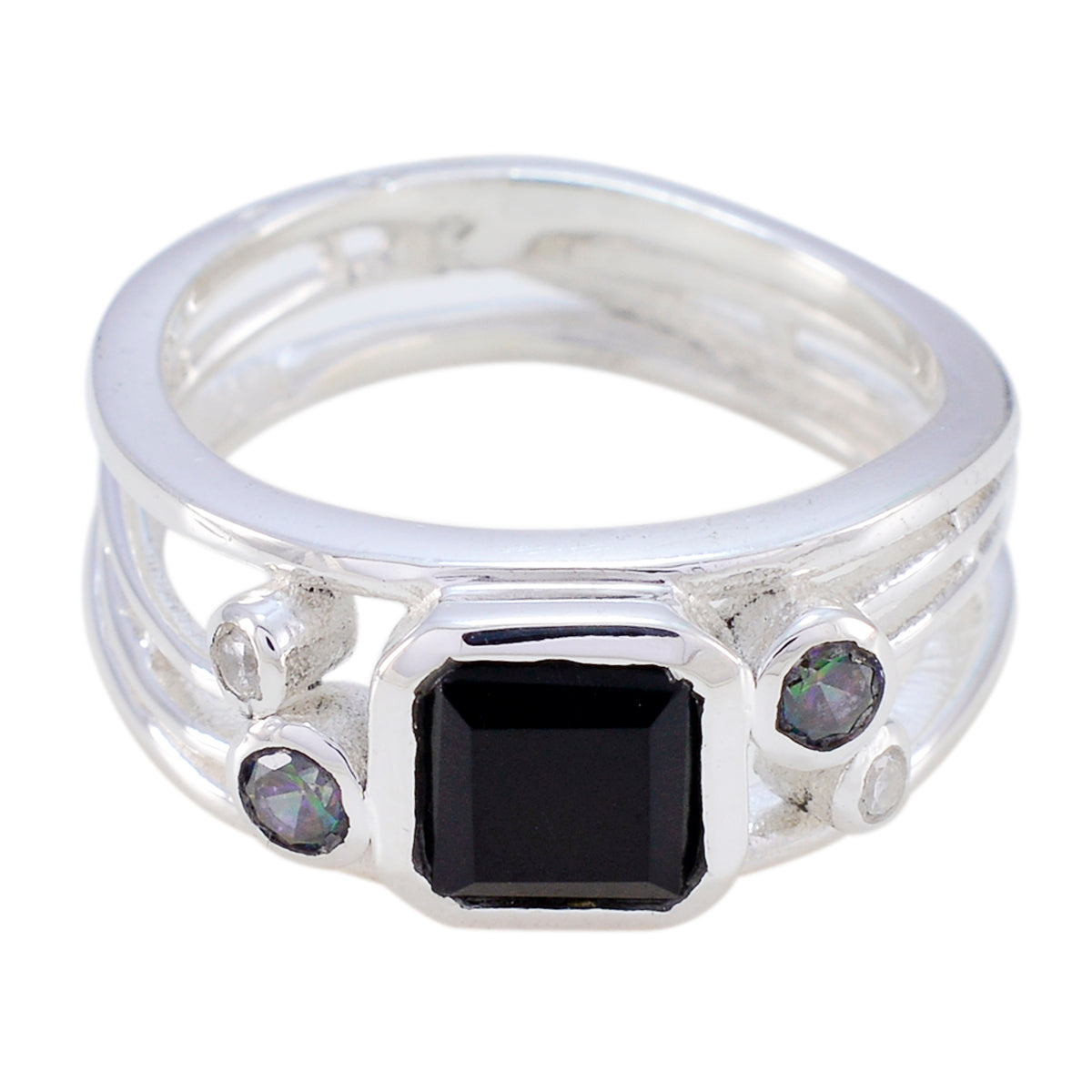 Luisa contemporary black gemstone ring in sterling silver with square black center and accent stones
