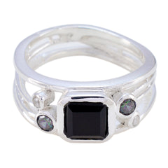 Luisa contemporary black gemstone ring in sterling silver with square black center and accent stones