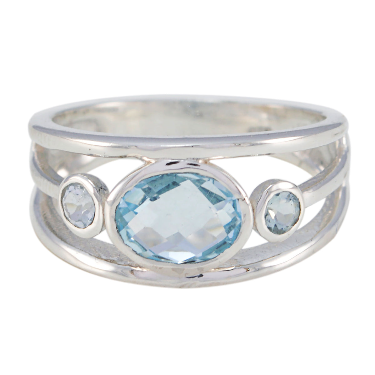 Teresa contemporary blue gemstone ring with three blue stones set in silver band