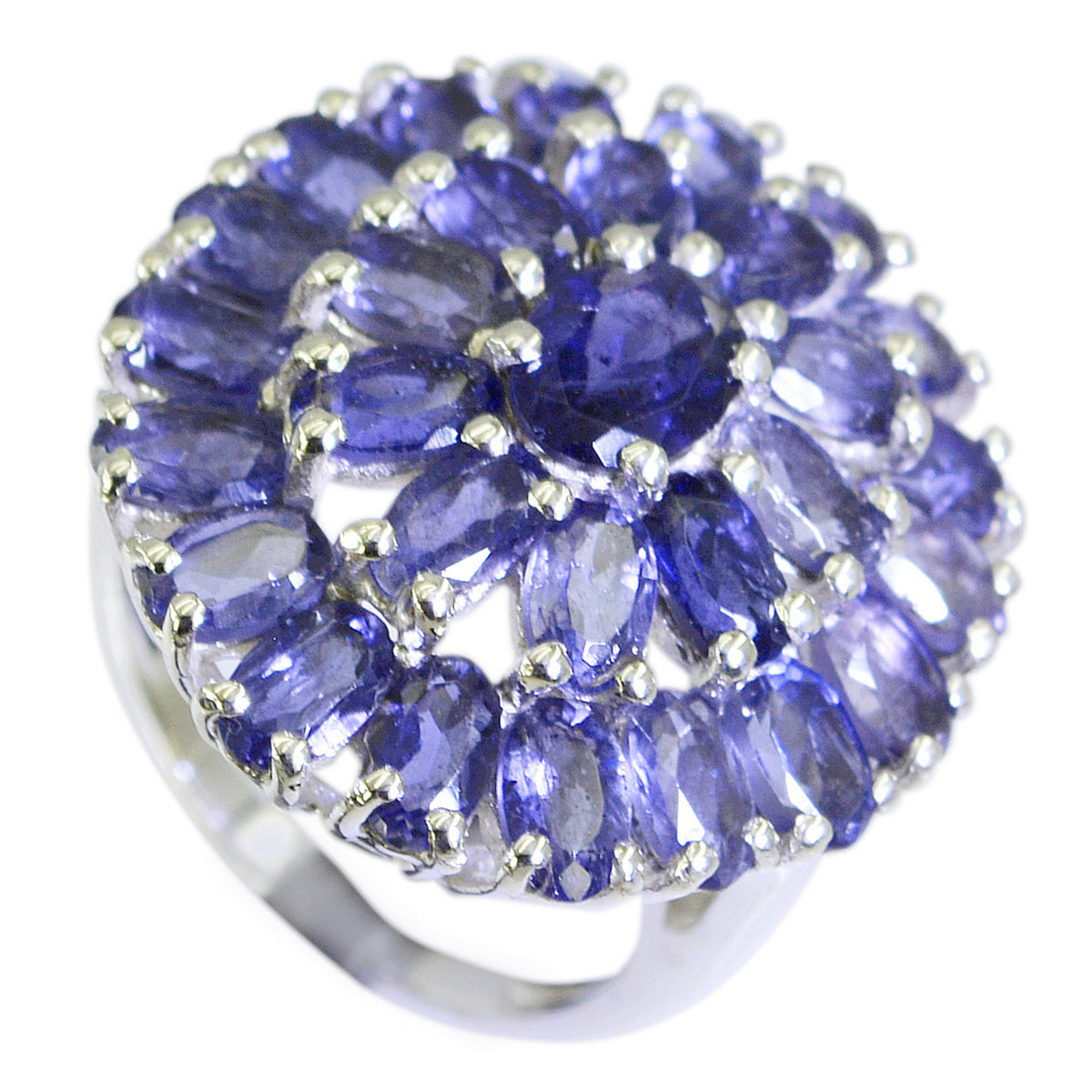 Priya contemporary blue gemstone ring with multiple oval blue stones set in silver band